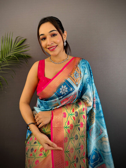 Sky Blue Freehand Digital Print Soft Silk Saree by My Store
