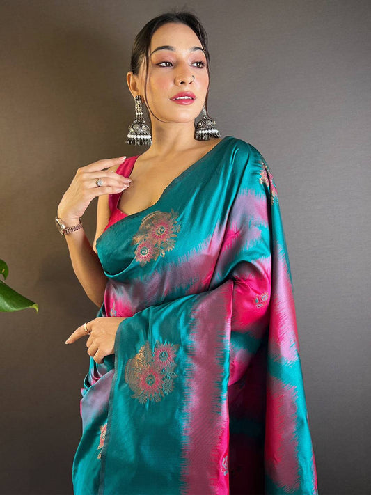 Rani Tussar Silk Ikkat Weaving Saree by My Store