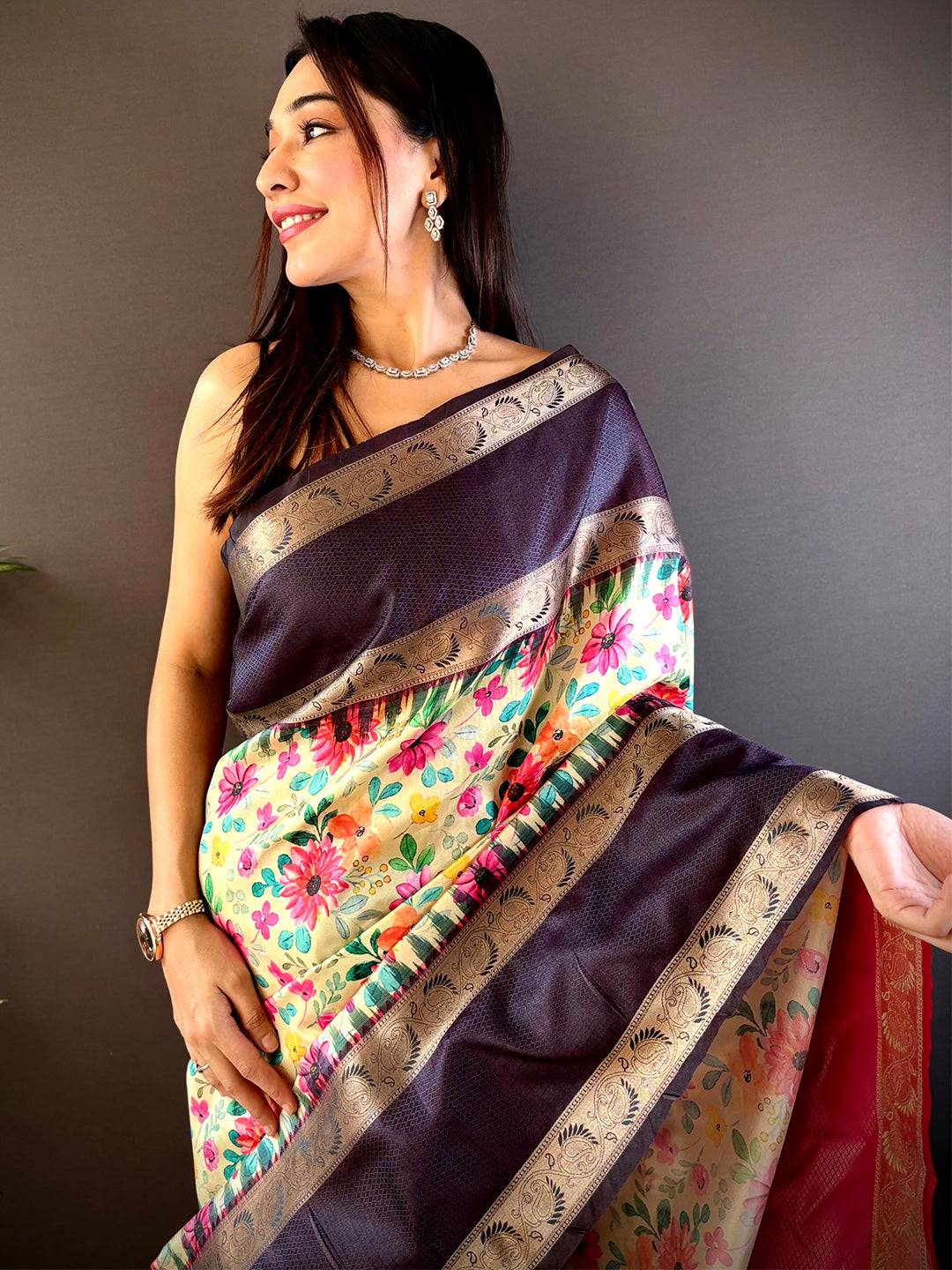 Majestic Navy Blue Banarasi Soft Silk Saree by My Store