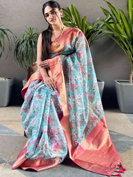 Trendy Turquoise Colour Digital Flower Print Kota Silk Saree