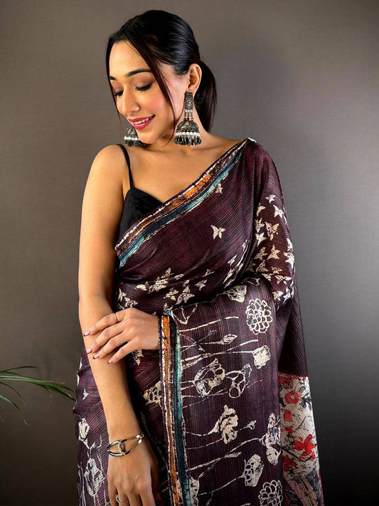 Purple Monochromatic Botanical Print Saree by My Store
