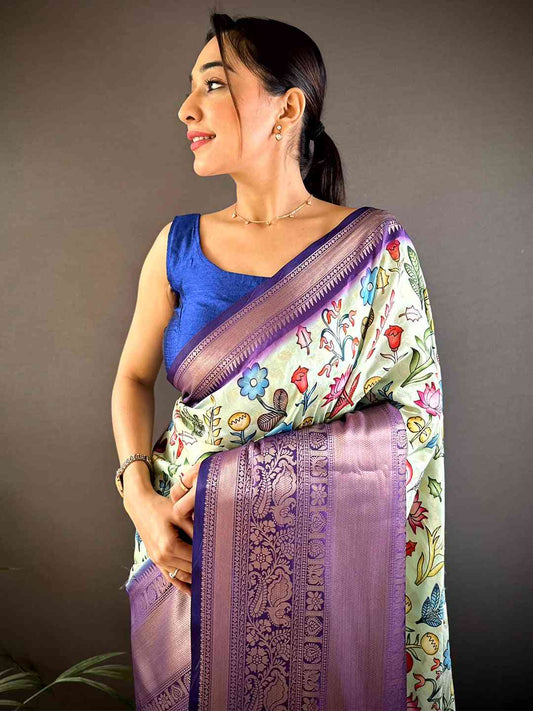 Pista Soft Banarasi Silk Floral Kalamkari Saree by My Store