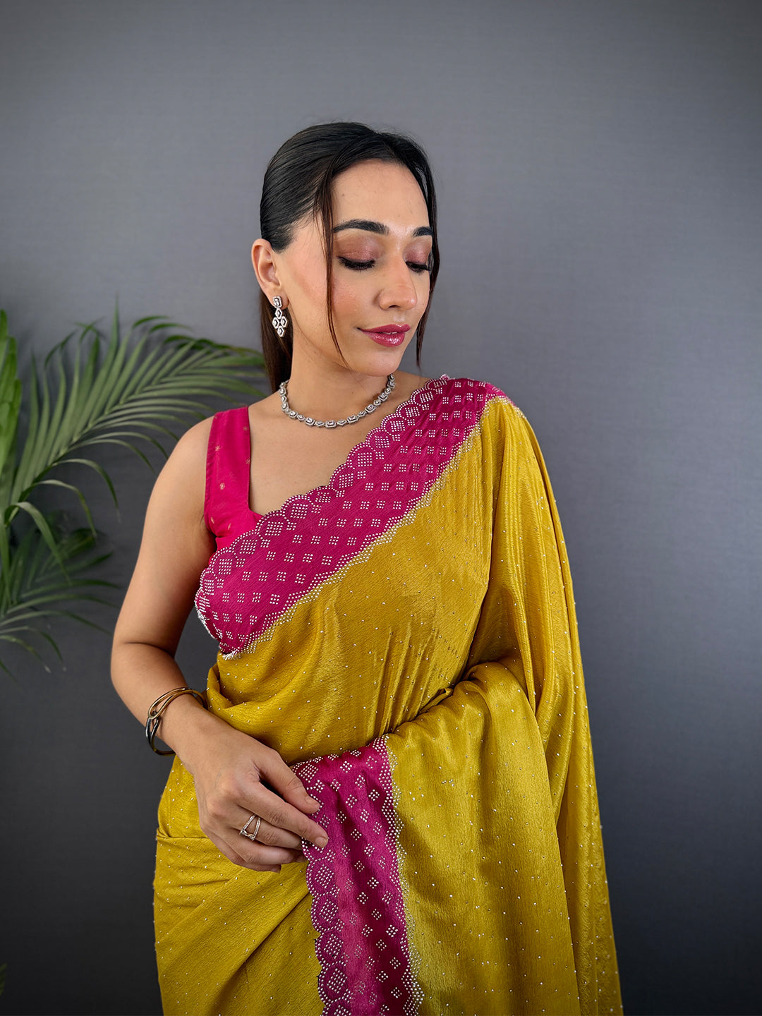 Mustard Poly Chiffon Diamond Swaroski Work Saree by My Store