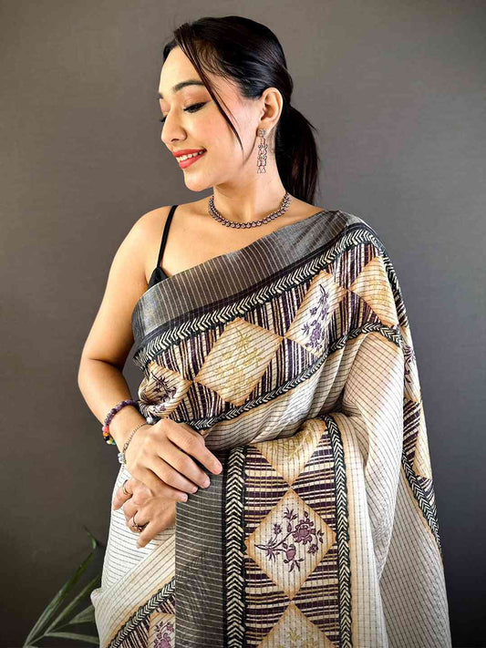 Grey Soft Silk Floral Digital Saree by My Store