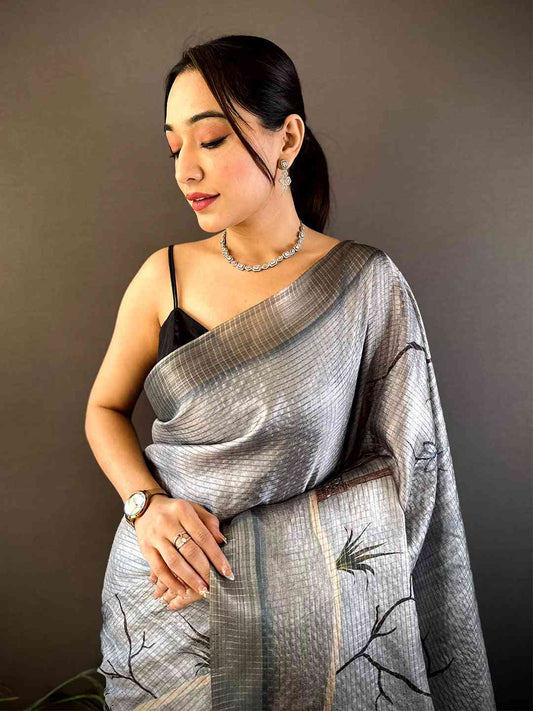 Slate Grey Tussar Chex Japanese Print Saree by My Store