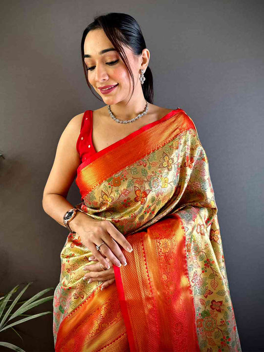 Red Dharmavaram Butterfly Silk Saree by My Store