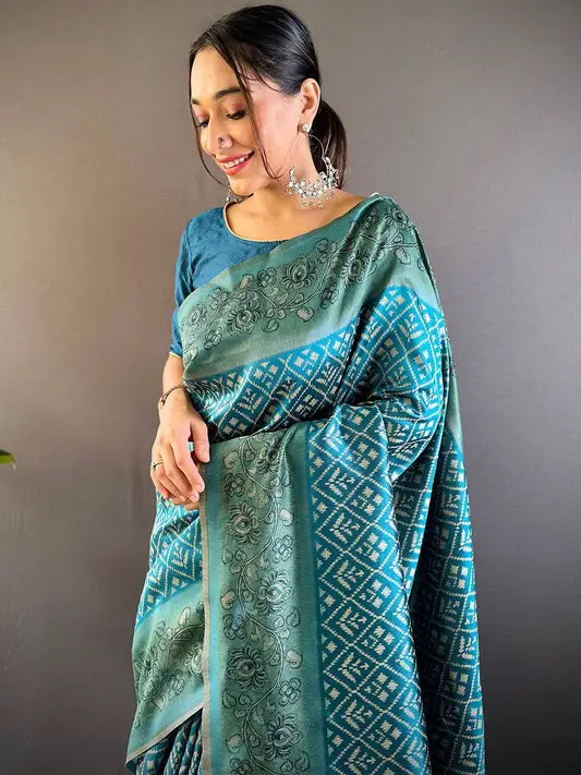 Teal Patola Kalamkari Saree