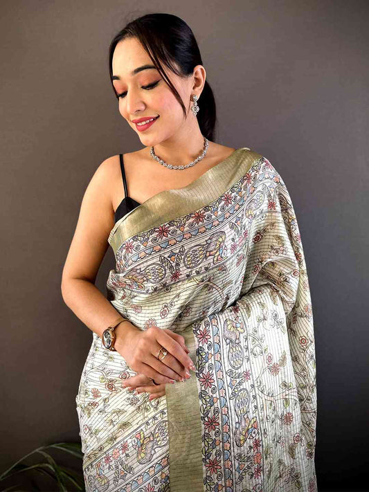Sage Green Chanderi Madhubani Black Chex Saree by My Store