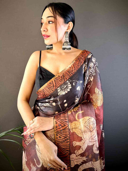 Red Kalamkari Block Print Chanderi Saree by My Store