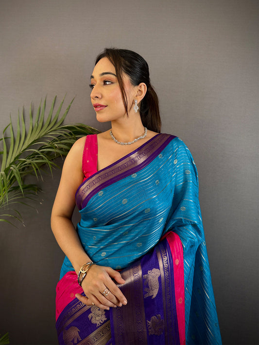 Sky Blue Soft Dola Silk Striped Print Saree by My Store