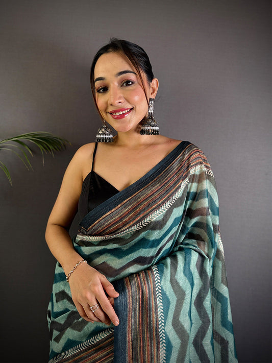 Radiant Geometric Printed Linen Saree by My Store
