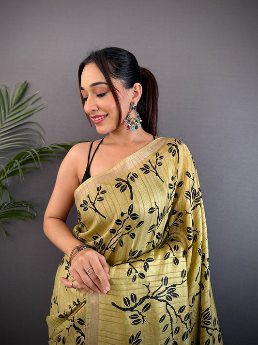 Mustard Yellow Ghicha Leaf Print Saree by My Store
