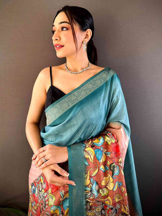 Deep Teal Kalamkari Ombre Soft Silk Saree by My Store
