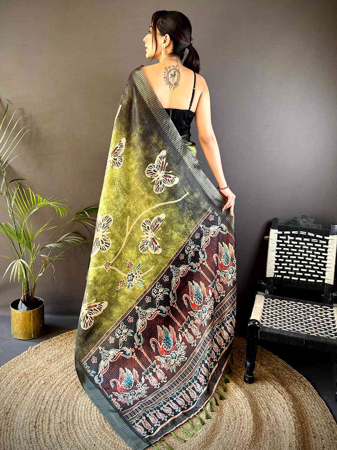 Olive Tissue Chanderi Digital Check Saree by My Store