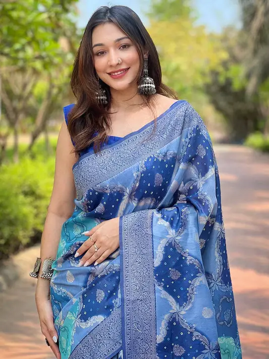 Blue Digital Block Placement Print Saree