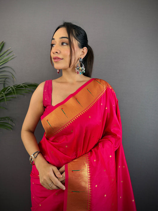Rani Pink Yeola Paithani Soft Silk Saree by My Store