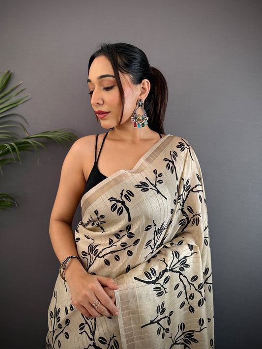 Cream Ghicha Leaf Print Saree by My Store