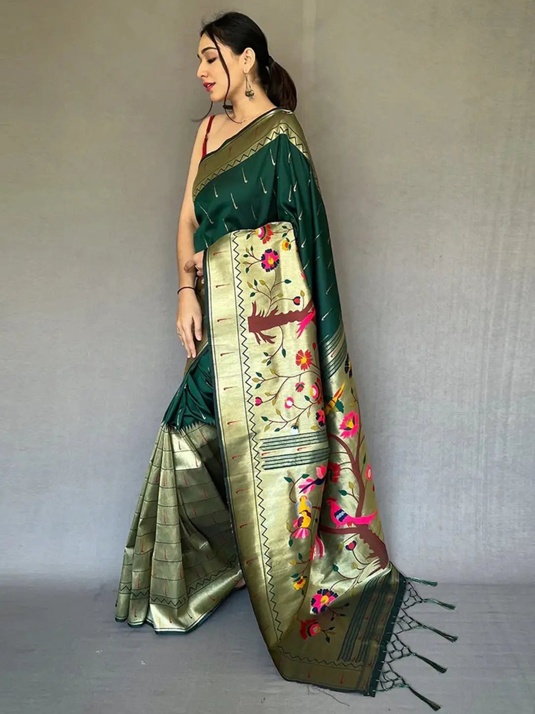 Bottle Green Paithani Big Border Zari Woven Saree by My Store