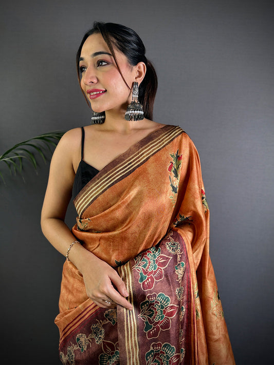 Rust Soft Dola Silk Printed Saree by My Store