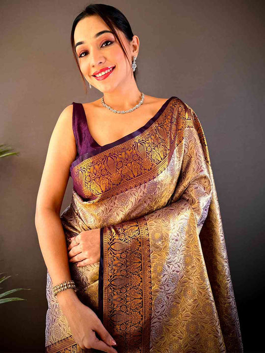 Gold Zari Floral Saree in Black by My Store