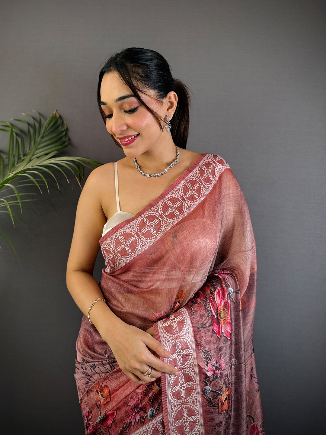Maroon Lakhnavi Linen Digital Print Saree by My Store