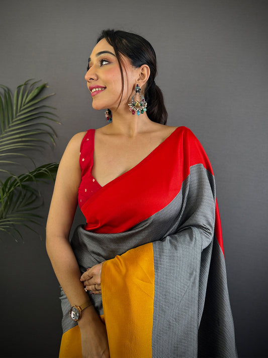 Grey Soft Katan Silk Banarasi Saree by My Store