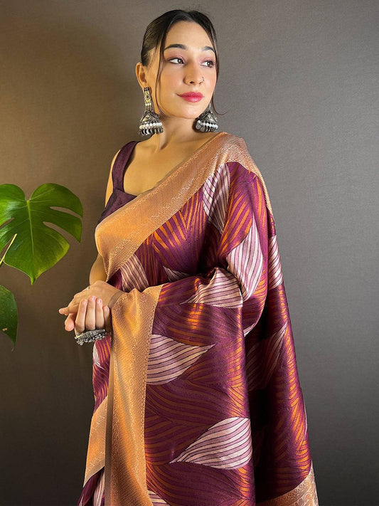 Cherry Tussar Silk Zari Weaving Ikkat Saree by My Store