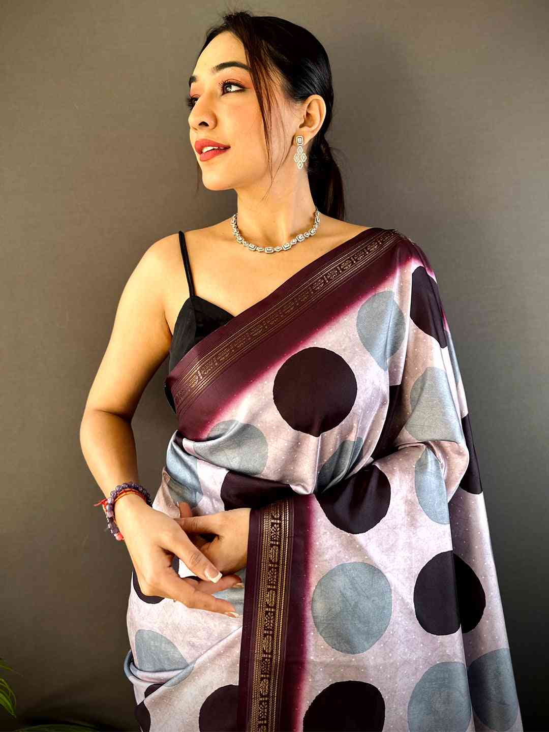 Lavender Soft Silk Polka Dot Print Saree by My Store