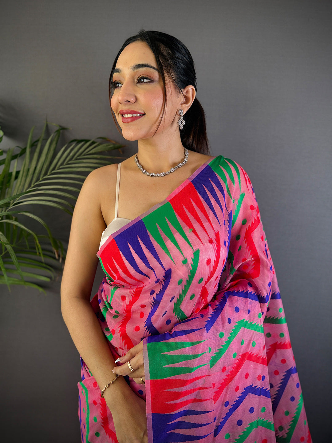 Bright Pink Dhakai Cotton Jamdani Saree by My Store