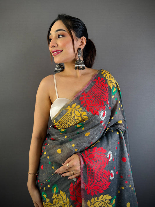 Grey Dhakai Jamdani Cotton Silk Saree by My Store