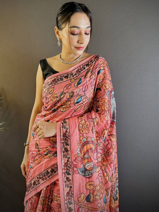 Coral Rose Kalamkari Saree by My Store
