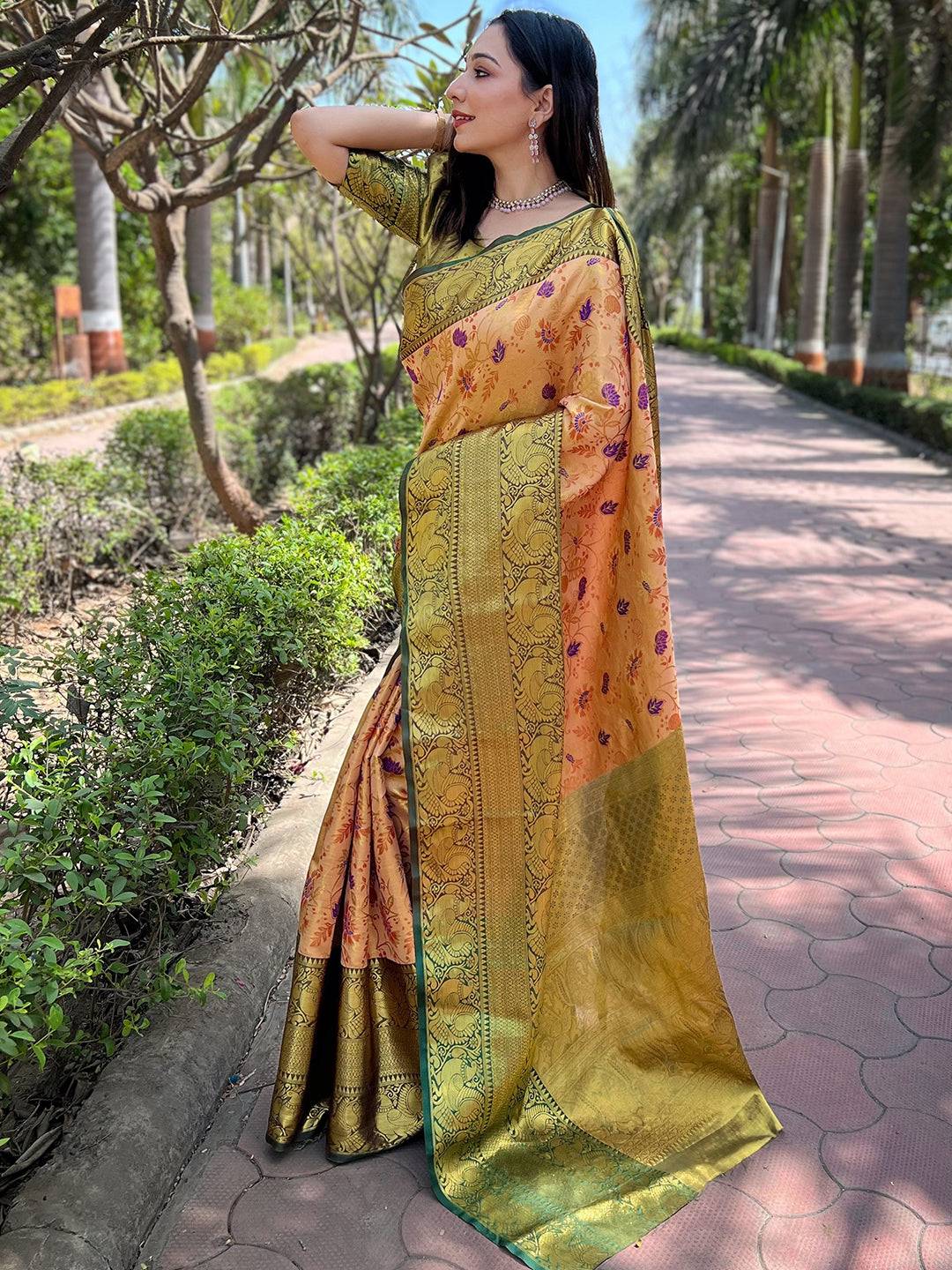 Orange Colour Banarasi One Grm Tissue Silk Festive Wear Saree by My Store