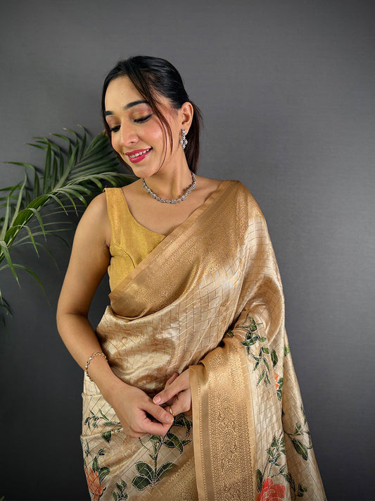 Cream Banarasi Silk Digital Printed Saree by My Store