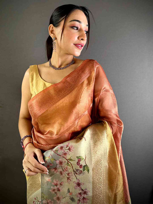 Red Ombre Zari Tissue Digital Print Saree by My Store