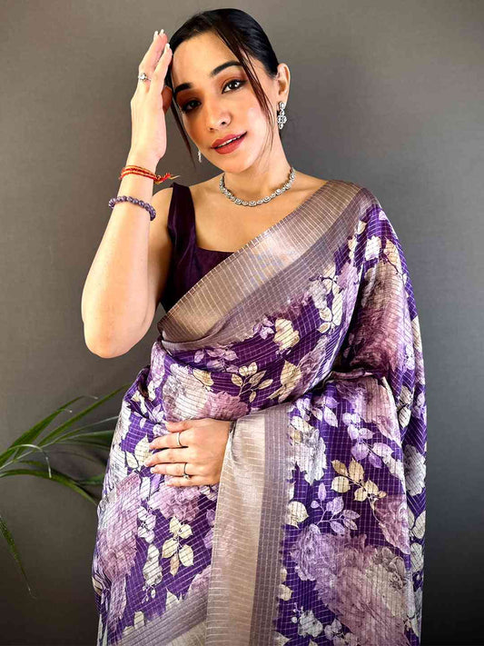 Purple Tussar Chex Floral Saree by My Store