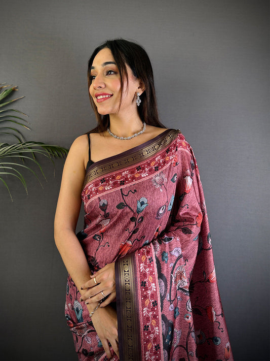 Wine Floral Grace Soft Silk Saree