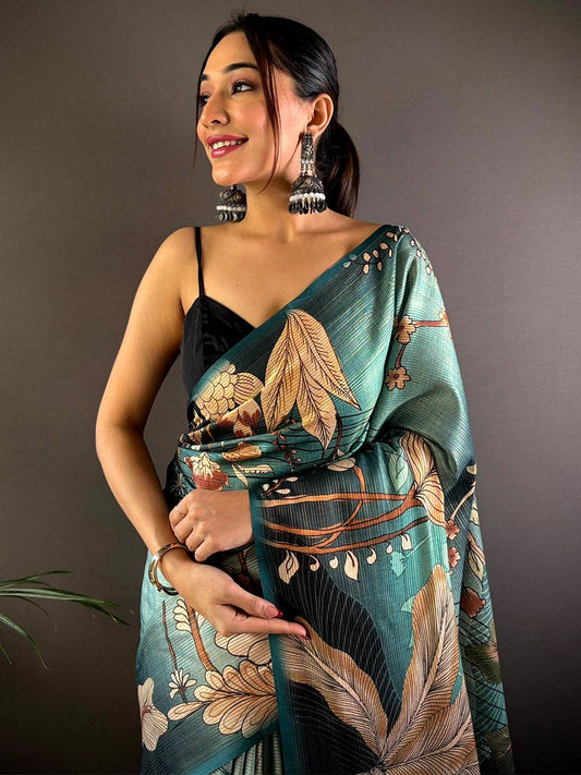 Rama Semi Gold Zari Botanical Tussar Saree by My Store