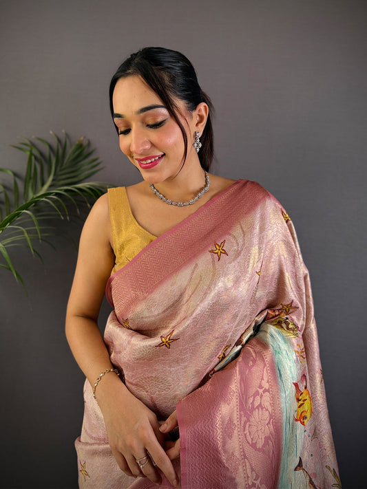 Rust Pink Kanjivaram Silk Digital Print Saree by My Store