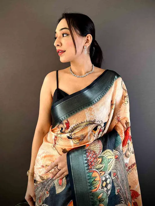 Beige Kota Doriya Zari Weave Digital Print Saree