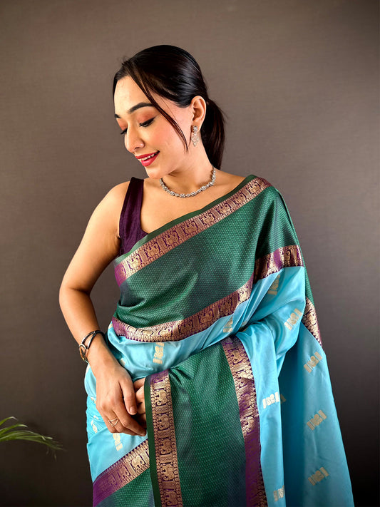Sky Blue Gadhwal Pure Soft Silk Saree by My Store