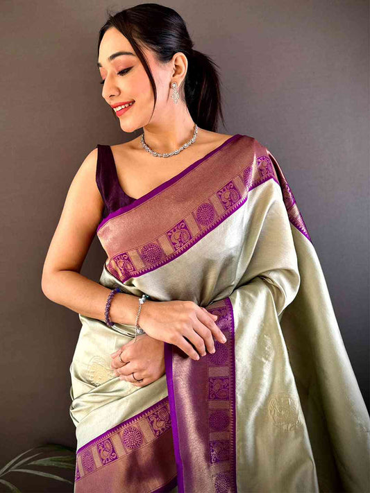 Opulent Pista Banarasi Katan Silk Saree by My Store