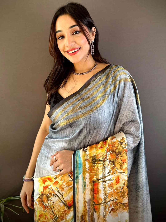 Grey Japanese Freehand Digital Print Saree by My Store
