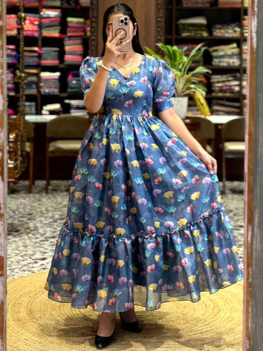Denim Blue Floral Print Midi Dress by My Store
