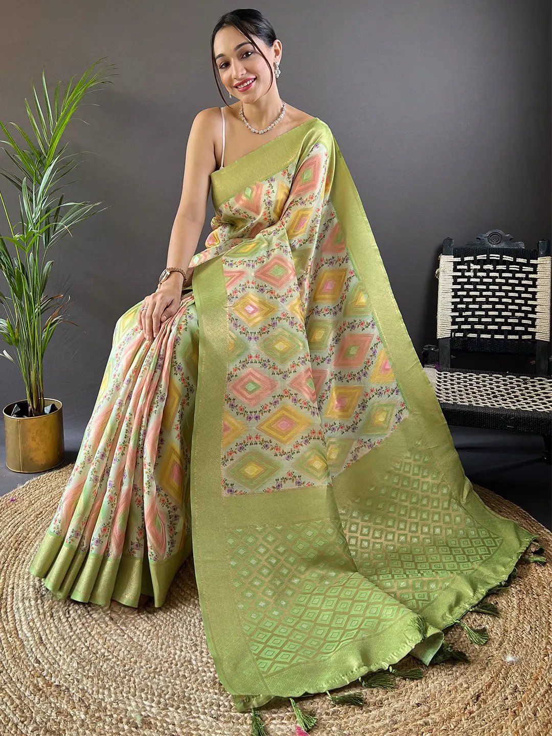 Jade Green Flower Vely Print Saree by My Store