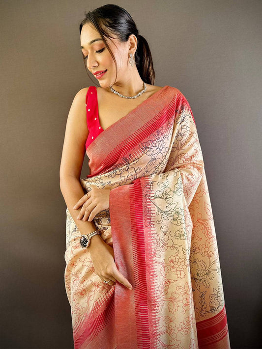 Cream Floral Tussar Silk Saree by My Store