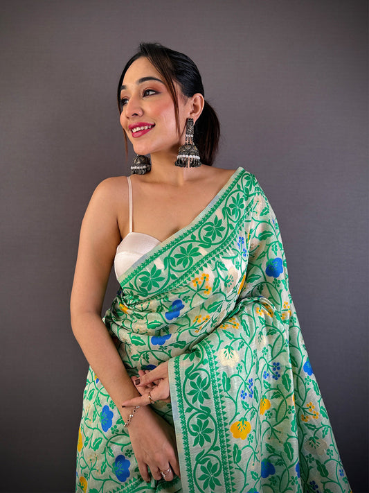 Green Dhakai Jamdani Cotton Silk Saree by My Store