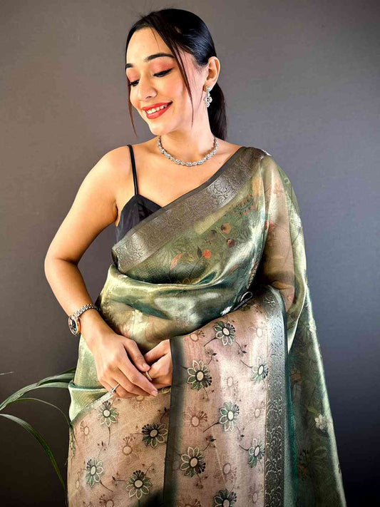 Green Floral Satin Bentex Border Saree by My Store