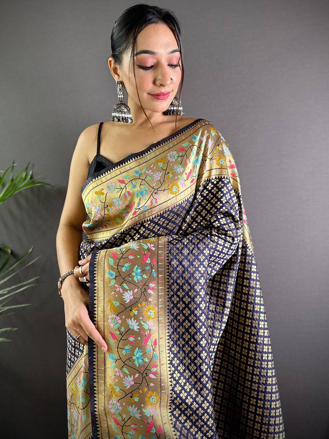 Navy Banarasi Mina Kari Katan Silk Saree by My Store