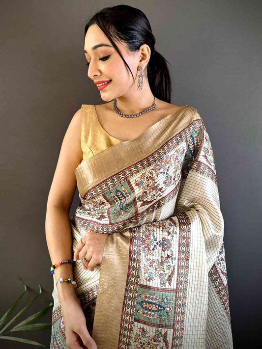 Radiant Off White Soft Silk Digital Print Saree by My Store