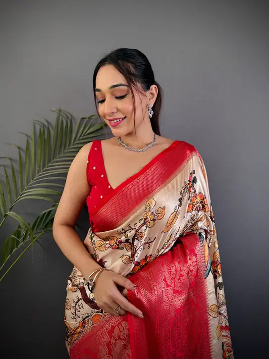 Beige Kalamkari Printed Soft Satin Saree